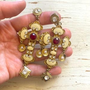 VINTAGE Ivory Gothic Cross Earrings with red gemstones and gold hardware